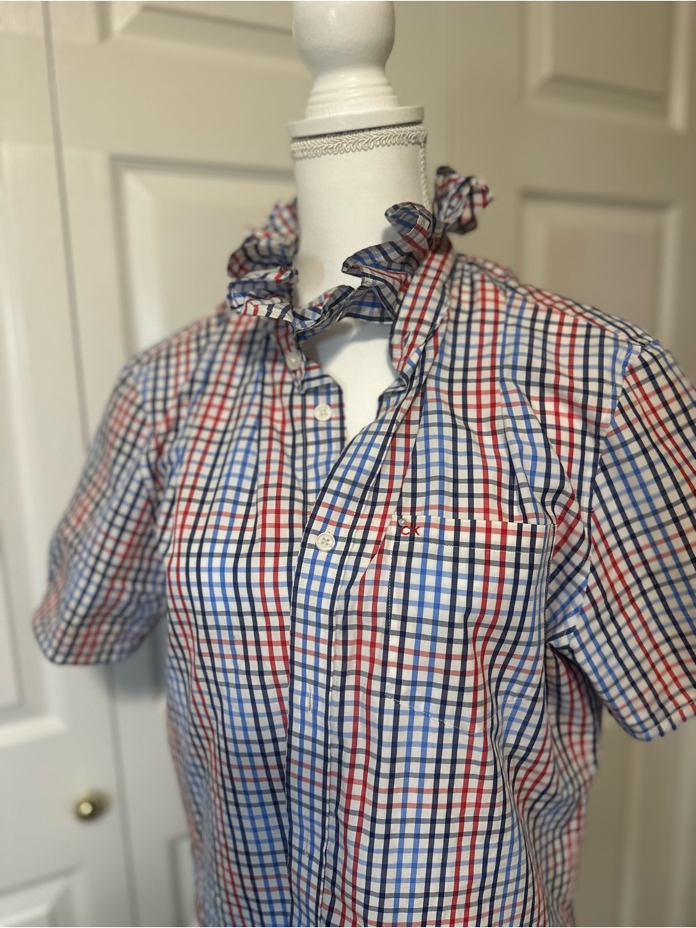 Calvin Klein Red, White &Blue Plaid Button-Up Ruffle Top